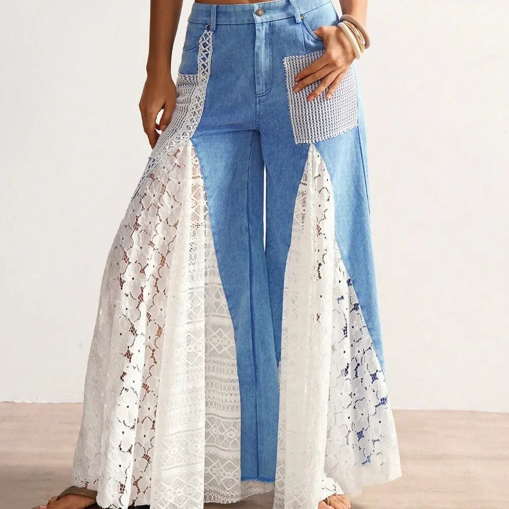 Blue And White Casual Women's Bohemian Style Mixed High Waist Bell Bottom Pants - Picture 2 of 7